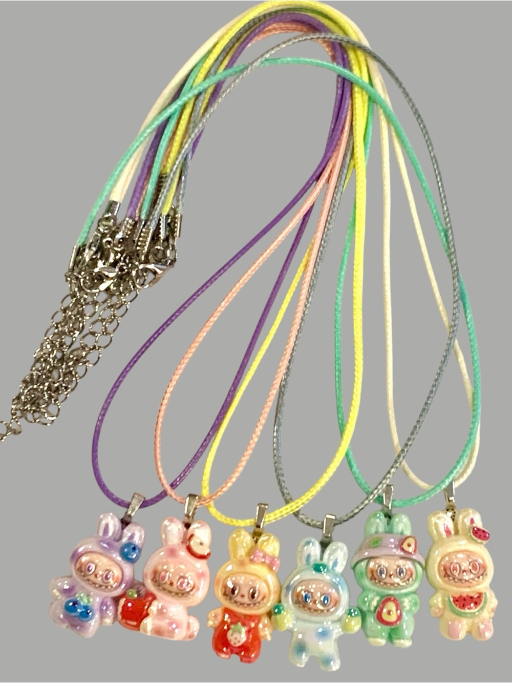 Lot of 6 Handmade Labubu Bunny Charm Necklaces on cords w/ extenders 1 of a kind - Picture 2 of 4